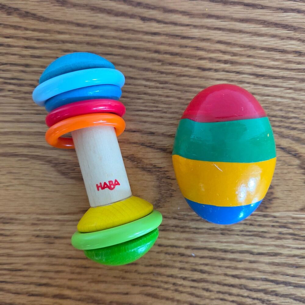 HABA Germany Wooden Rainmaker Grasping Toy & Multi-Color Shaker Egg Rattle Set